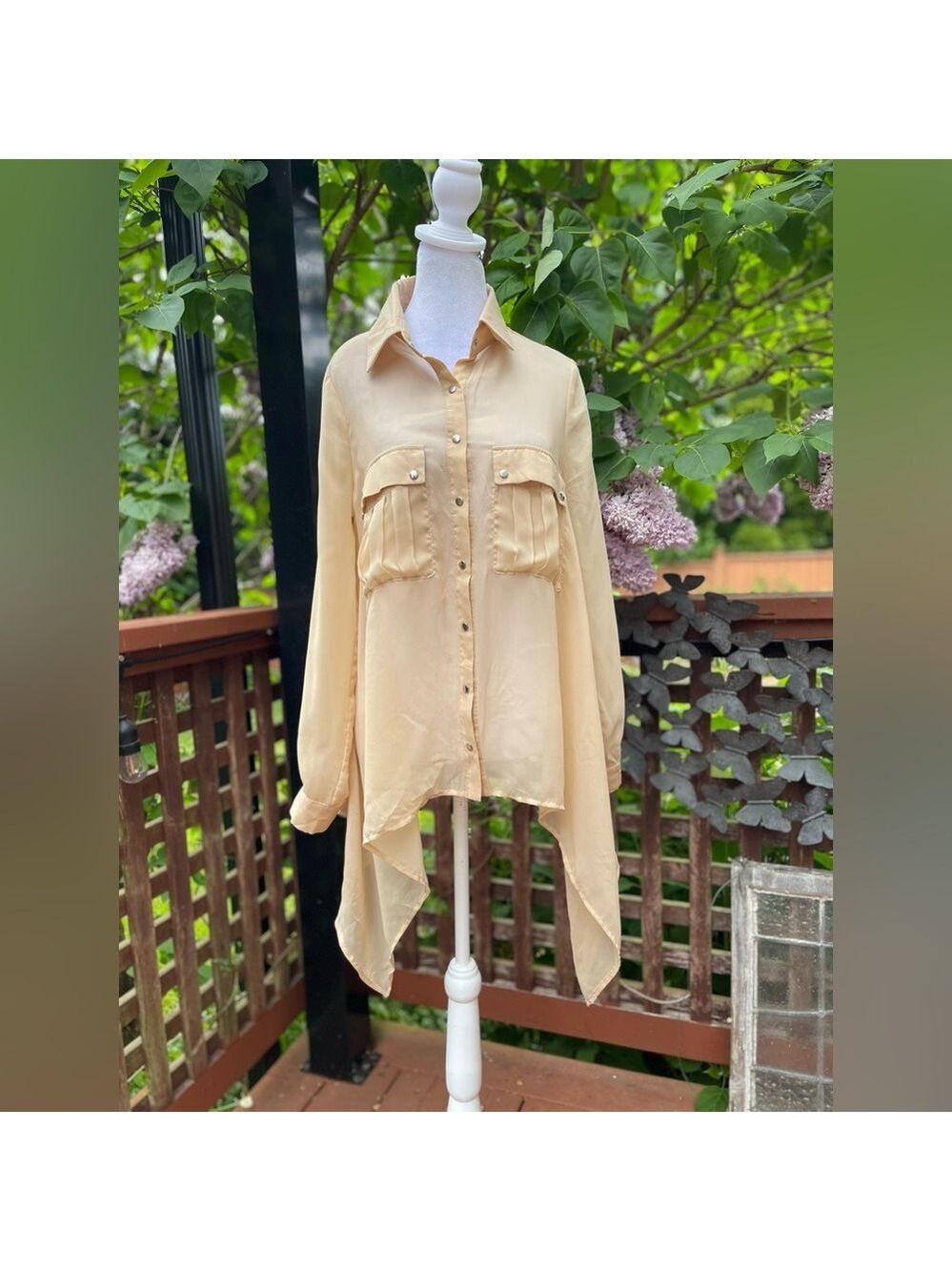 OLIVE DES OLIVE M blush nude semi sheer long sleeve snap up asymmetrical blouse
